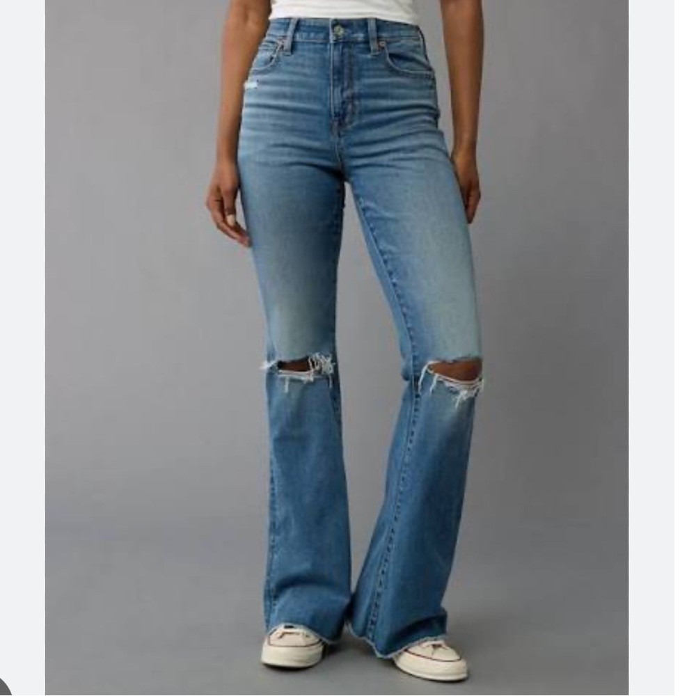 American Eagle Jeans Womens 2 Super High Rise Flare Blue Distressed Raw Hem